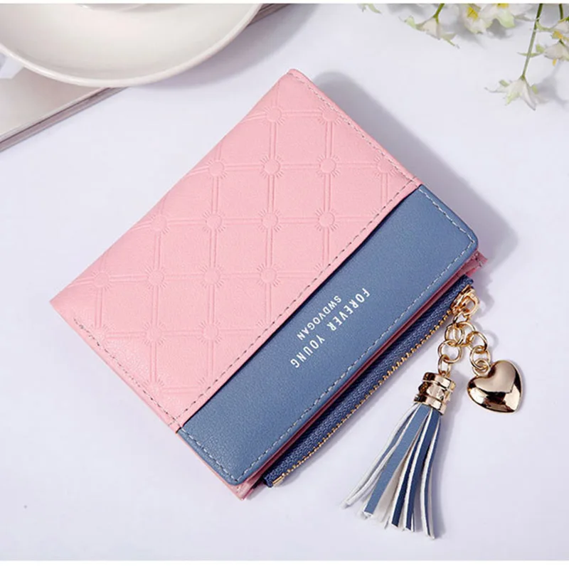 Pink Кожаный маленький кошелек для женщин, Мини женские кошельки, кошельки, женские короткие Портмоне на молнии, кошелек, кредитный держатель для карт, кисточка, сумка на молнии - Цвет: Pink