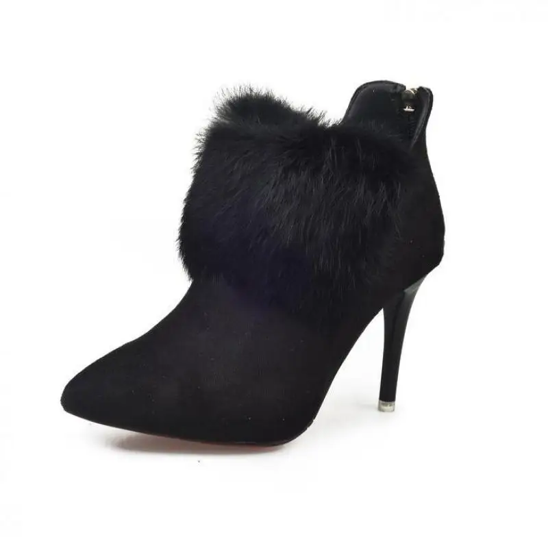 Новинка 2017 г. замшевые на шпильке с острым носком женские плюшевые ботинки молнии