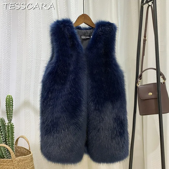 Navy TESSCARA/осенне-зимняя женская длинная пушистая куртка из искусственного меха, жилет, Женская высококачественная искусственная верхняя одежда и пальто, большие размеры XS-3XL - Цвет: Navy