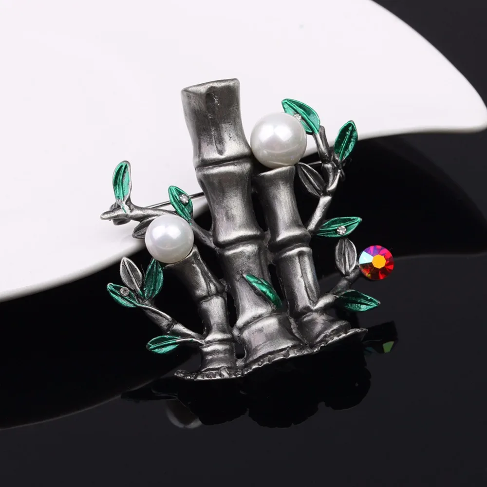 Имитация жемчуга Броши бамбук фестиваль брошь Шпильки Кристалл Стразы листья