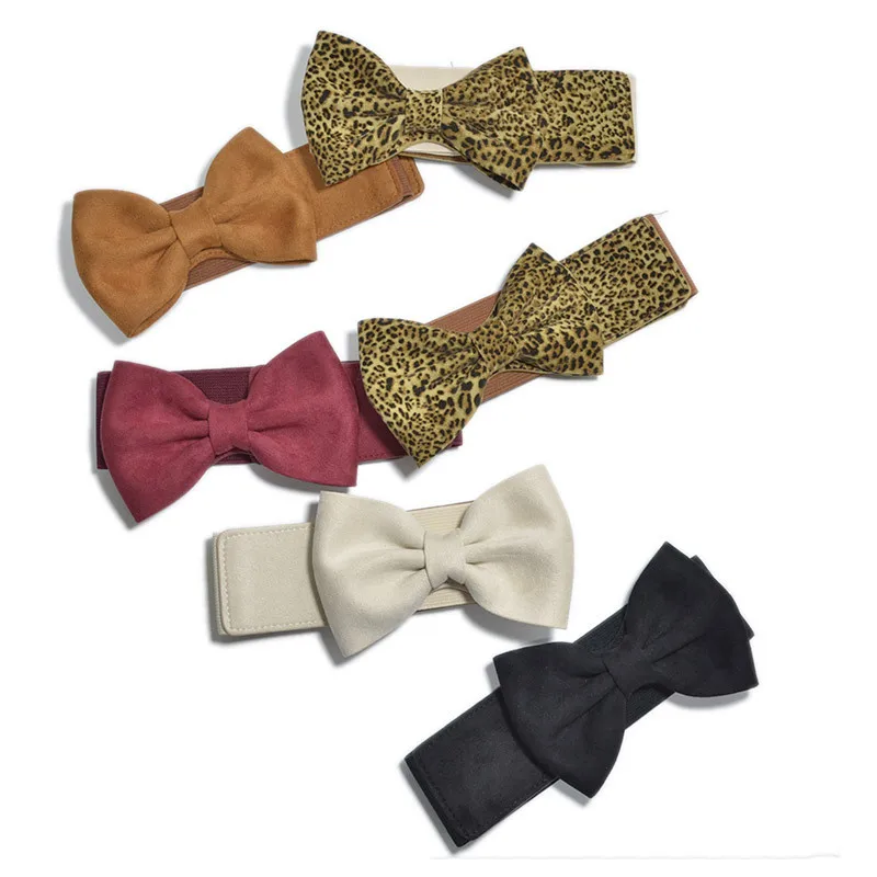 

Designer brands Fashion Women white Leopard Suede Elastic Belt Bow Wide Stretch leather belt harajuku Style belt dresses women
