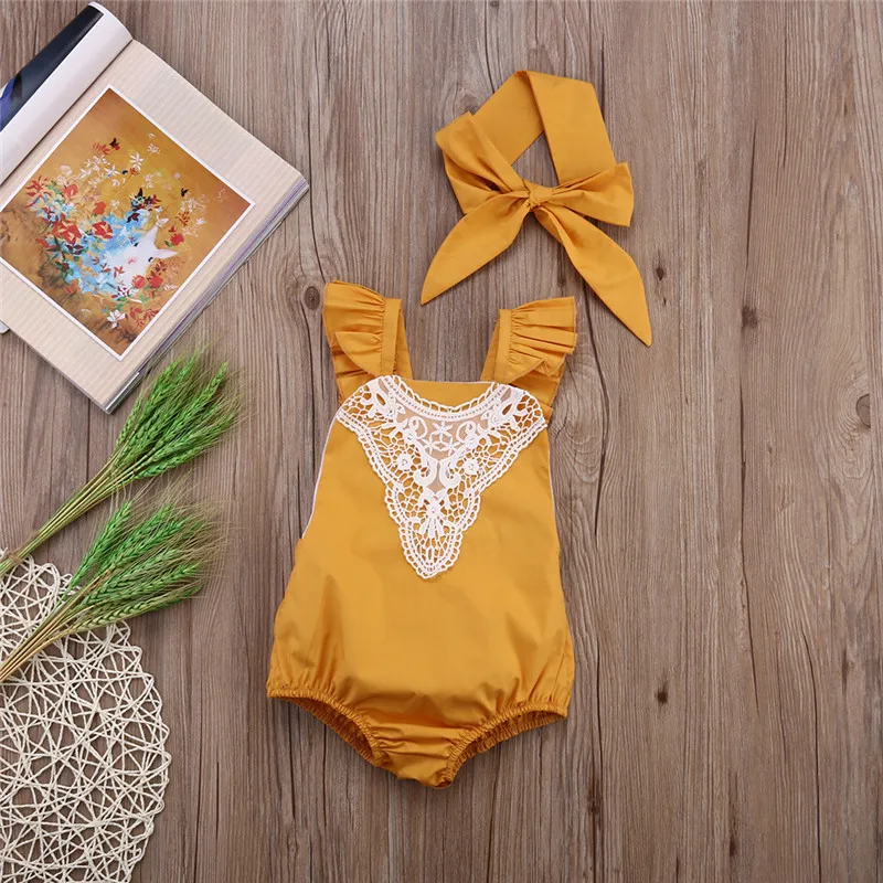 Новинка желтый комбинезон для маленьких девочек милый лоскутный кружевной
