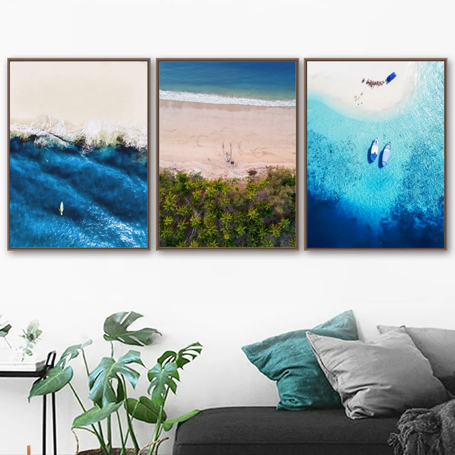 

Azure Blue Sea Beach Tree Ship Landscape Wall Art Canvas Painting Nordic Posters And Prints Wall Pictures For Living Room Decor