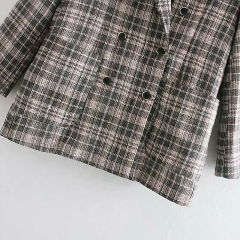 NSZ Women Checked Jacket Vintage Plaid Blazer Office Lady Coat Long Sleeve Double Breasted Pocket Decoration Outerwear | Женская одежда