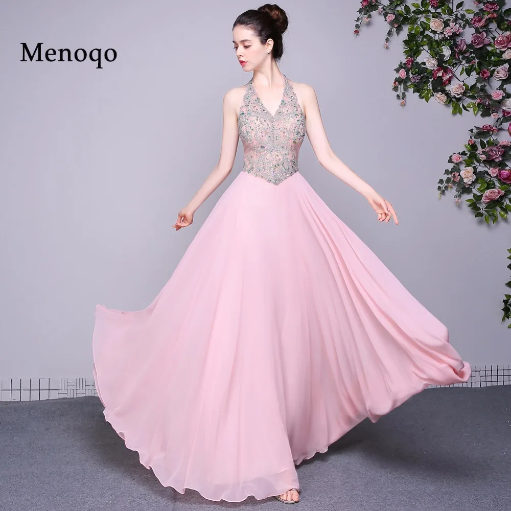 

Розовые шифоновые вечерние платья а-силуэта, элегантные вечерние платья без рукавов с лямкой на шее и бусинами, длиной до пола, реальный обр...