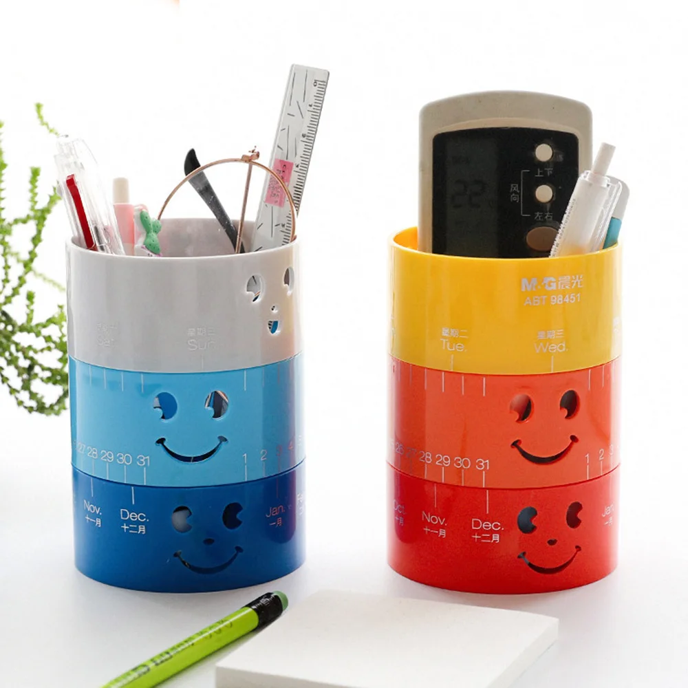 

1pcs Rotatable PS Cute pen holder Calendar Cylinder Pen Storage Box Makeup Brush Container Home Office Supply
