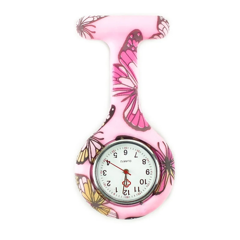 Pink Женские модные часы с принтом бабочки, с животными, с карманами, для девушек, доктор, медицинский брелок, силиконовые часы для медсестры, туника, брошь, часы - Цвет: Pink