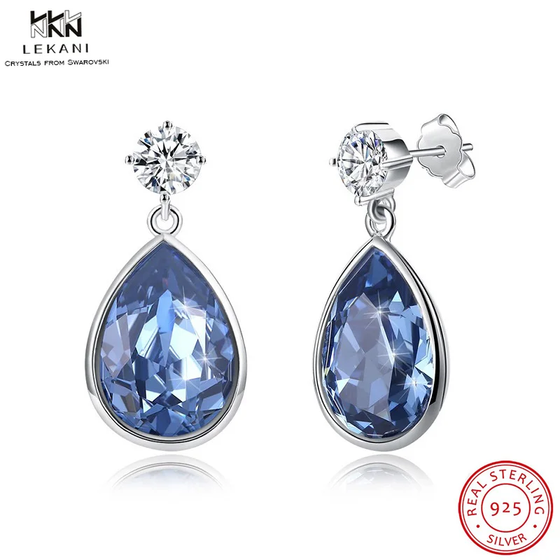 Висячие серьги LEKANI с кристаллами Swarovski синие каплями воды 925 пробы романтические