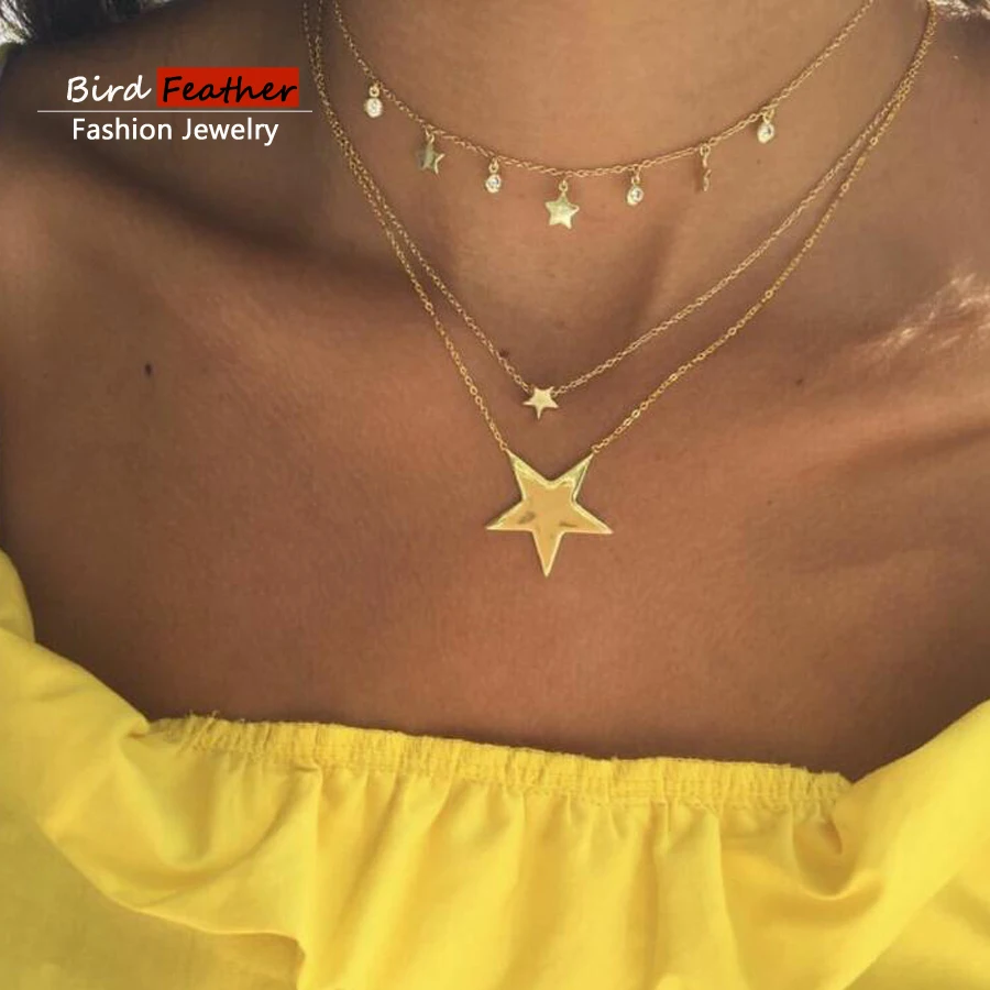 Ожерелье-чокер золотого цвета для женщин с большими и маленькими звездами, кулоном на цепочке и ленточными бусами из бархата, модные ювелирные украшения.