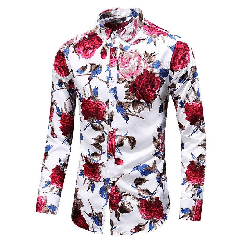 2022 outono masculino magro floral imprimir camisas de manga longa moda marca festa férias vestido casual camisa flor homme plus size 7xl