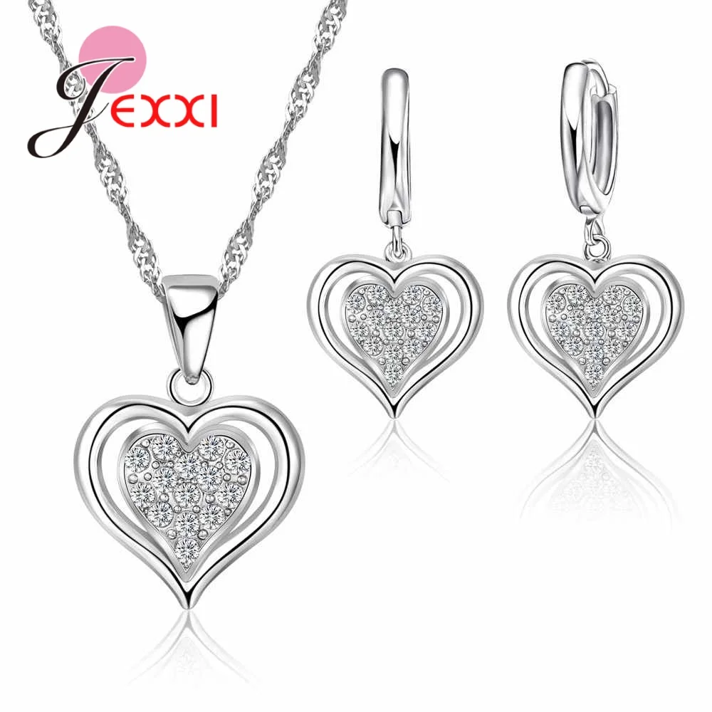

Simple Heart Crystal Necklace Earrings Set Women Romantic 925 Sterling Silver Wedding Jewelry Sets Lover's Gift