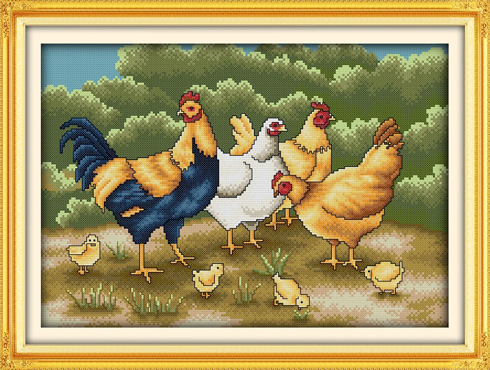 

Chickens foraging cross stitch kit animal family DMC counted fabric pre stamped stitching embroidery DIY handmade needlework