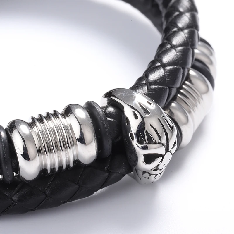 Singreal Punk Genuine Leather Bracelet for Men Jewelry Stainless Steel Beads Skull Magnetic Clasp Black Rope | Украшения и