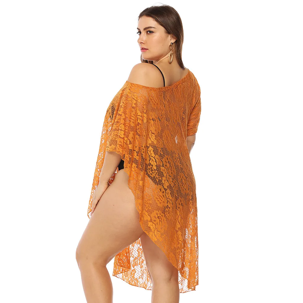 Women Plus Size Sexy Beach Dress Off Shoulder Solid Swimsuit Beach Tunics Bikini Cover Up Swimwear Perspective Beachwear