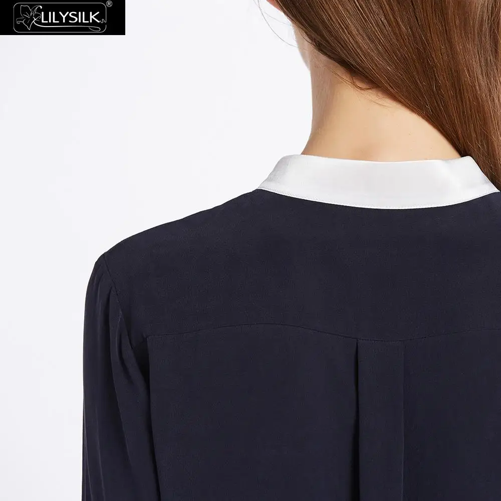 LILYSILK 23mm Pull Over Color Block Silk Shirts 100% Charmeuse On Collar& Cuff Sand Washed NEWS Free Shipping|silk shirt|shirt silkshirt shirt |