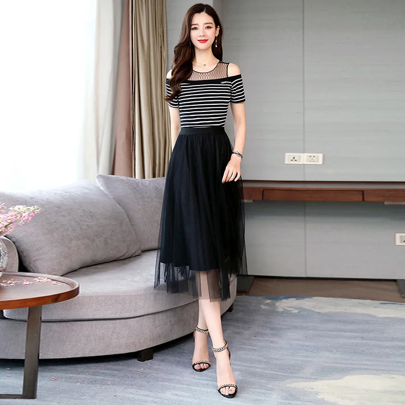 2 Pieces Set 2021 New Summer women's tops shirt and skirt suits Female net collar Short Sleeve sets |