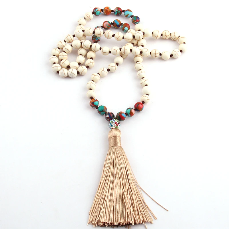 Free Shipping Fashion Long Knotted White Stones Bohemian Tribal Jewelry Green Natural Stone Pendant Necklace | Украшения и