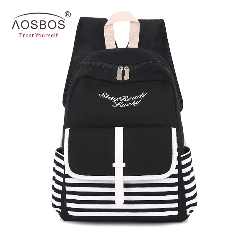 black Aosbos, модные полосатые школьные сумки, плотные холщовые рюкзаки с вышивкой для ноутбука, рюкзаки для девочек-подростков, повседневный рюкзак с принтом, Mochilas - Цвет: black