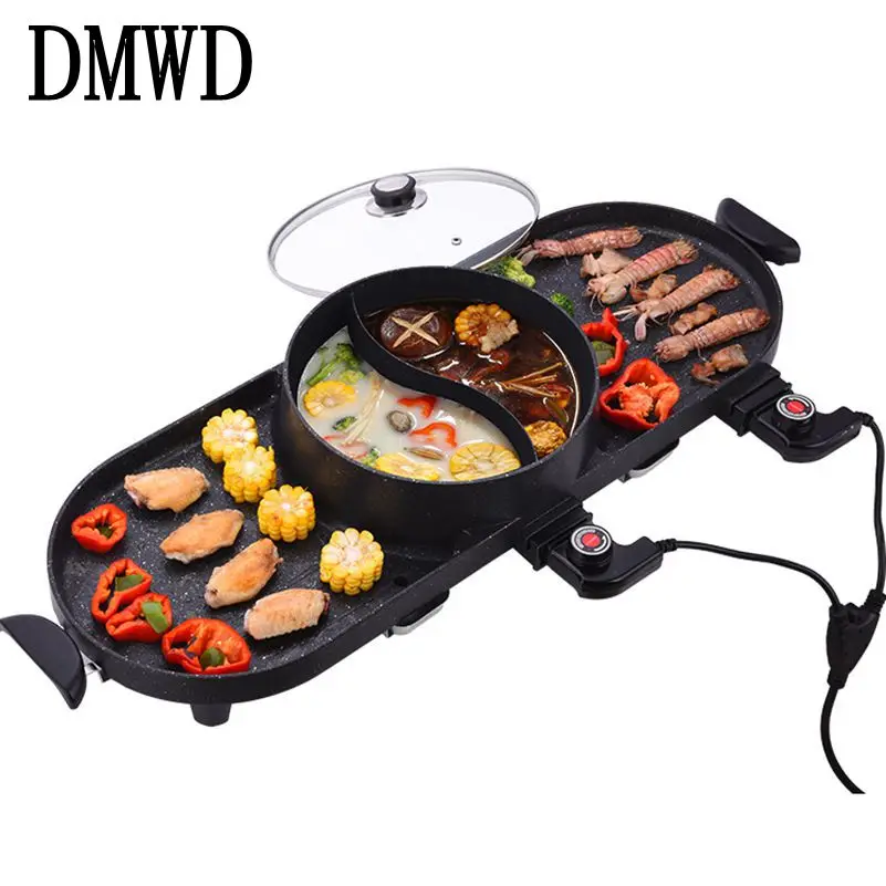 DWMD Электрический Гриль Сковородка Бытовая аппарат для барбекю Raclette с Hotpot температура регулируемый бездымное Барбекю Сковорода пот 1400 Вт