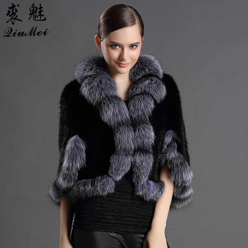 

Real Fur Ponchos Women's Winter Fashion Ladies Knitted Scarves With Fox Fur New Luxury Coats Warm Genuine Mink Fur Shawls