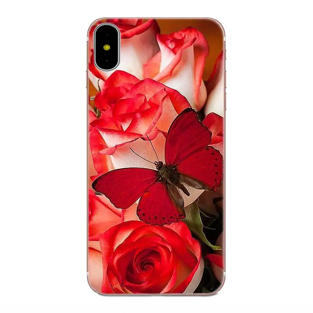 Мягкий защитный чехол из ТПУ с бабочками на белых розах для Apple iPhone 4 4S 5 5C 5S SE 6 6S 7 8