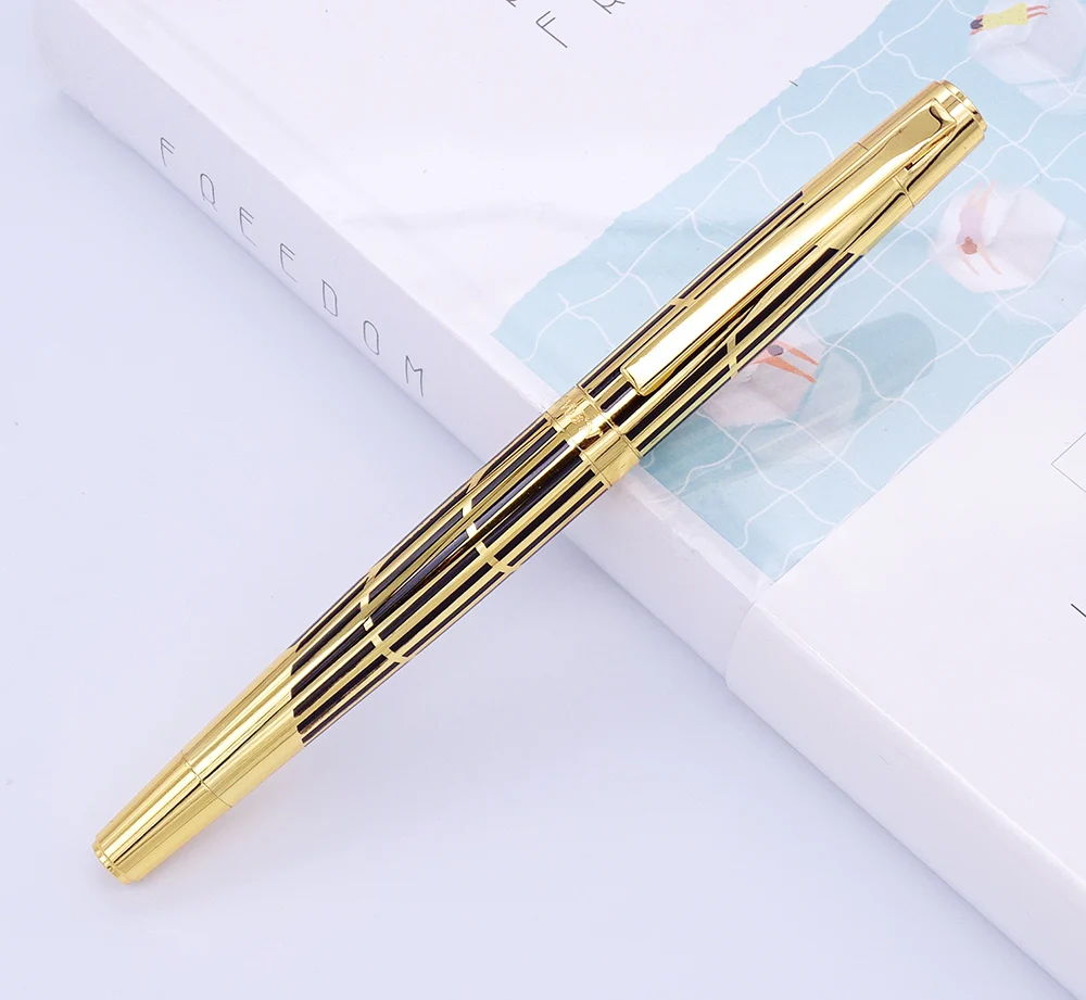 

Dikawen 8017 Fountain Pen Medium Nib Exclusive Writing School Pen , Fashion Beautiful Gold & Black Lines Pattern