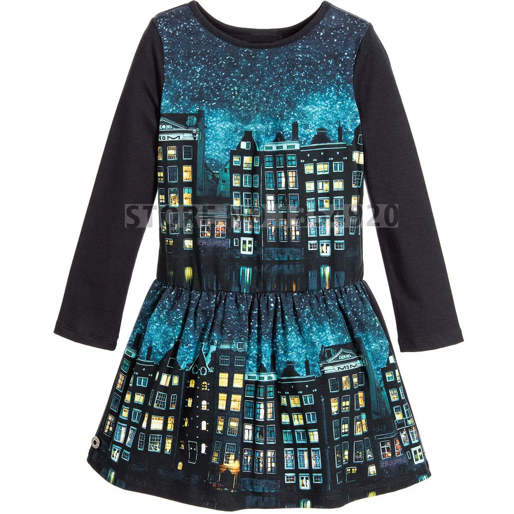 girl dress kids Clothes Party Dress Girls baby Brand Fashion Cute Girl Night view printing Children Clothing |