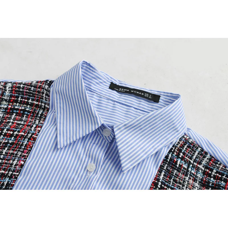 2019 Женская винтажная твидовая блуза в синюю полоску с кисточками женские рубашки