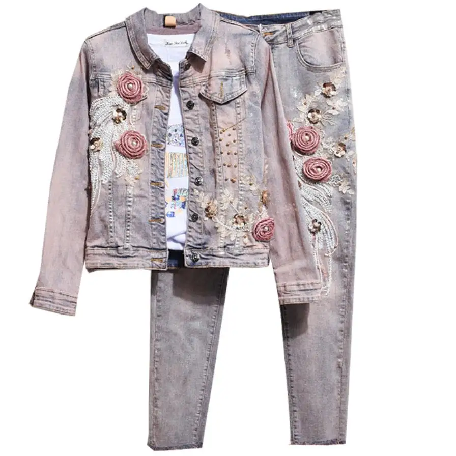 

Beading flower Denim Set Casual Vintage Sequins Stretch Sexy Jeans Suit Female Denim 2 Piece Set womenJeans Suits
