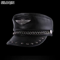 siloqin genuine leather hat elegant cowhide military hats for men women personality hip hop caps snapback cap flat cap unisex