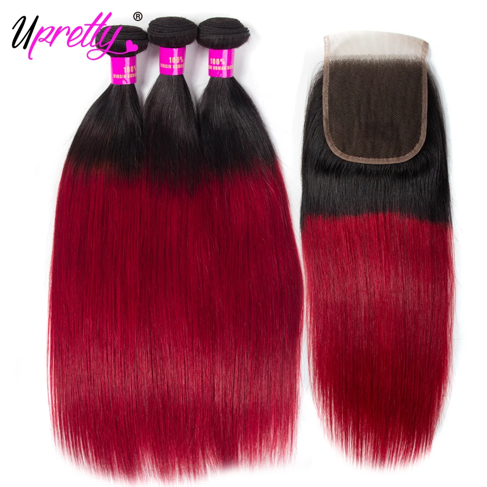 Upretty Ombre разноцветные шиньоны с закрытием бразильские прямые волосы 1B бордовый
