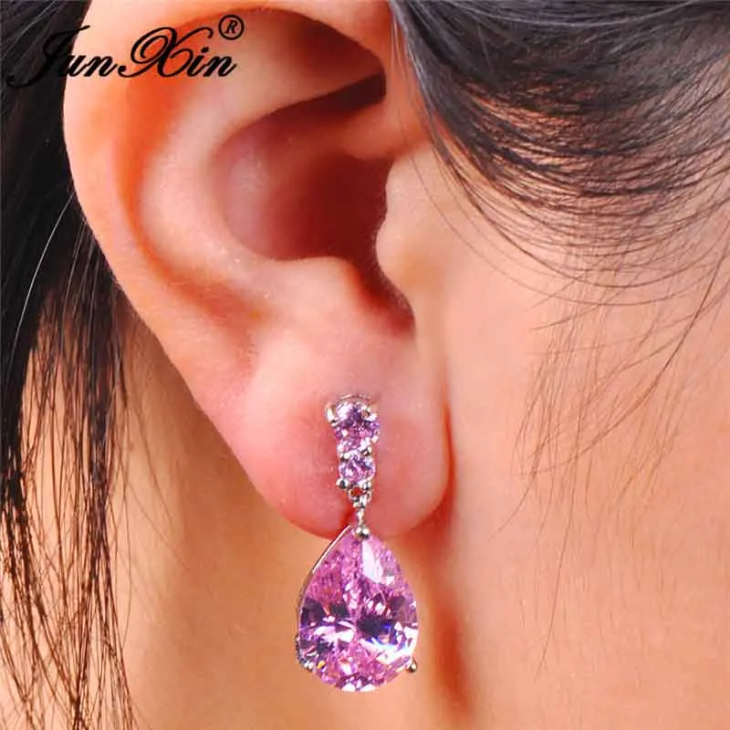 Pink Earrings JUNXIN мистический огненный Циркон слеза Циркон Висячие серьги для женщин Фиолетовый Синий Зеленый Радуга камень грушевидной формы свадебные серьги для женщин - Окраска металла: Pink Earrings