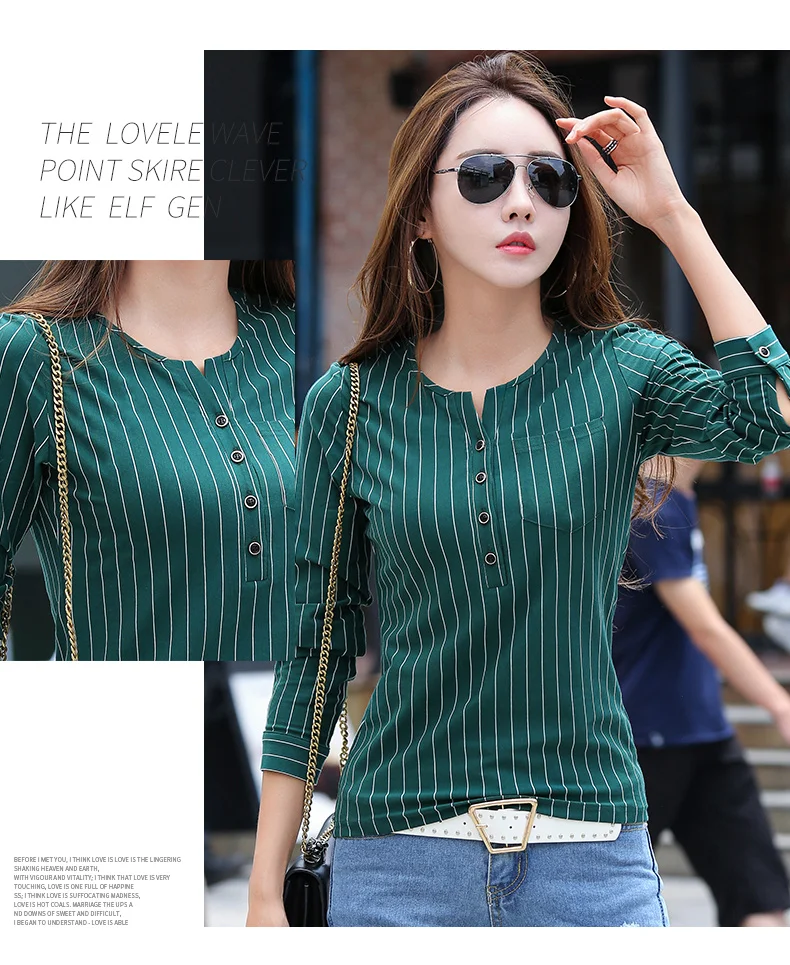 Autumn New Korean Fashion Female Tshirt Pockets Striped T shirt Women Button V-Neck Top Cotton Long Sleeve Tee Shirt Femme