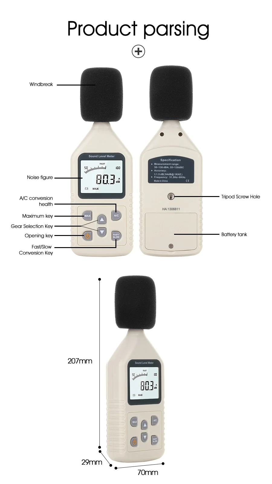 RZ GM1358 30-130dB цифровой измеритель уровня звука измерители шума Тестер в децибелах ЖК-дисплей A/C быстрый/медленный дБ экран