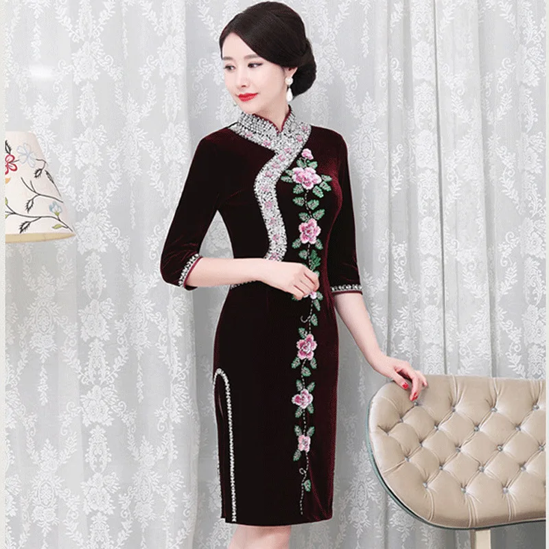 Модное бархатное сексуальное длинное платье Ципао в традиционном китайском