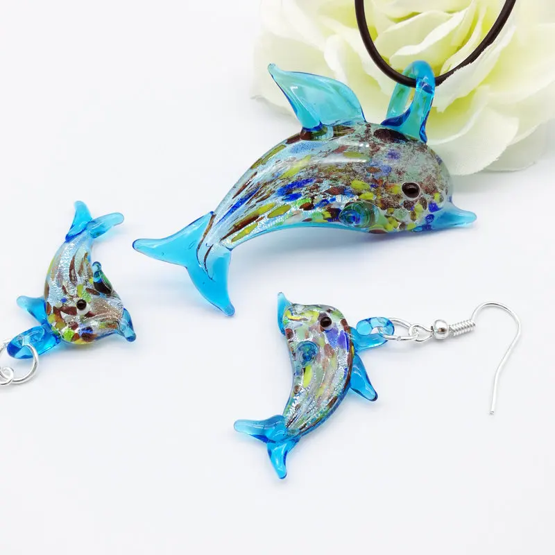 

6SetS blue Dolphin Lampwork Glass Murano Bead Necklace Earring FASHION