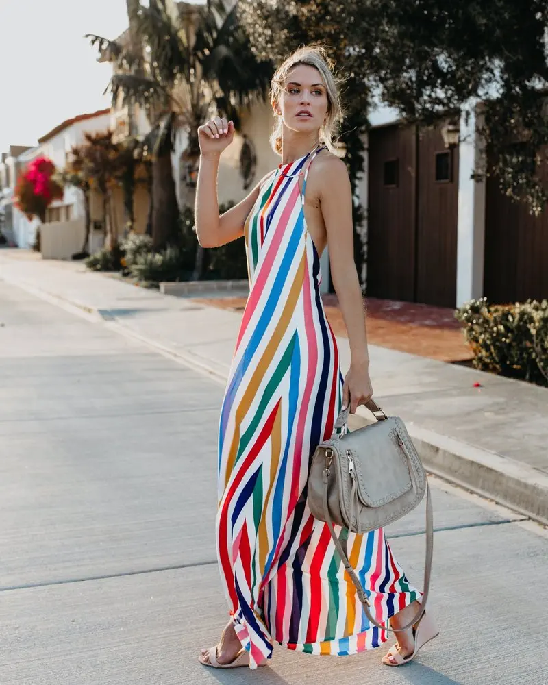 

Summer Dress Women Halter Sleeveless V-neck Open Back Print Dress Female