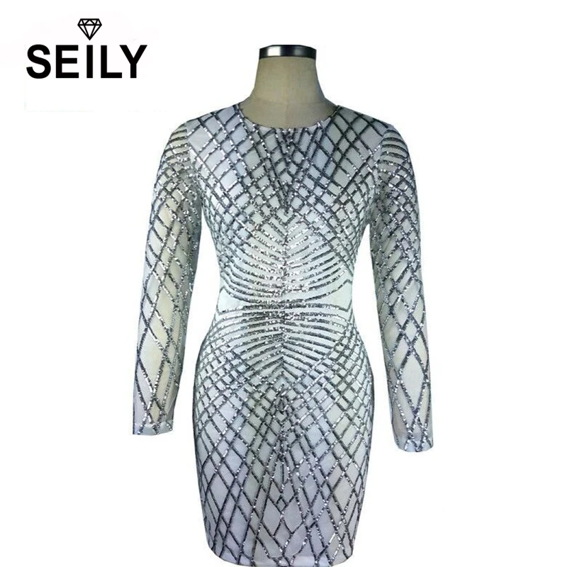 Seily Для женщин Белый Bling мини с пайетками бинты Bodycon платье длинным рукавом