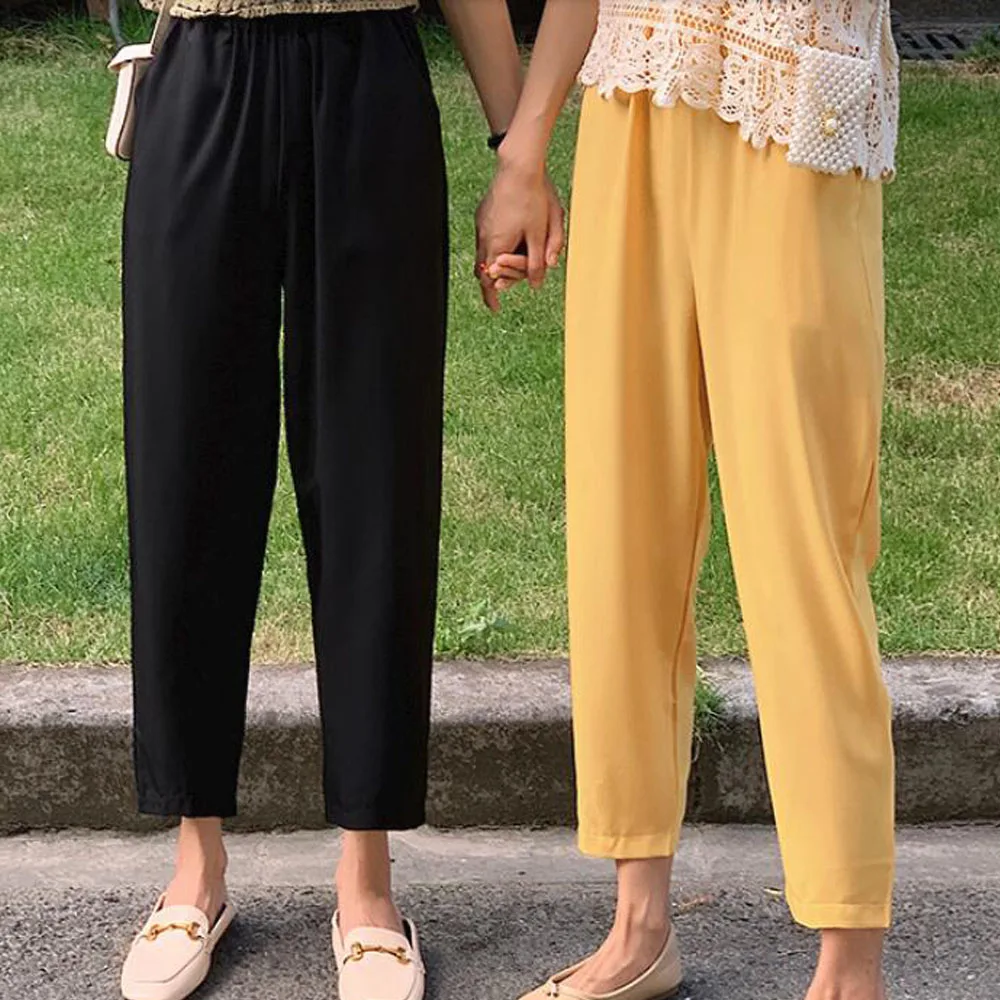 Брюки с высокой талией женские Летние Осенние повседневные длинные черные