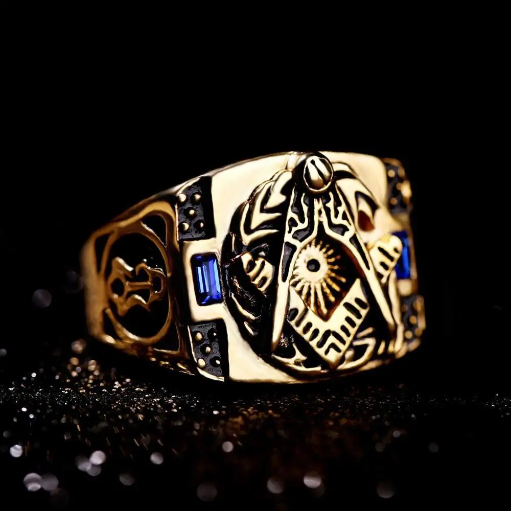 Мужское уплотнительное кольцо из нержавеющей стали Freemason Signet с синим камнем Masonic