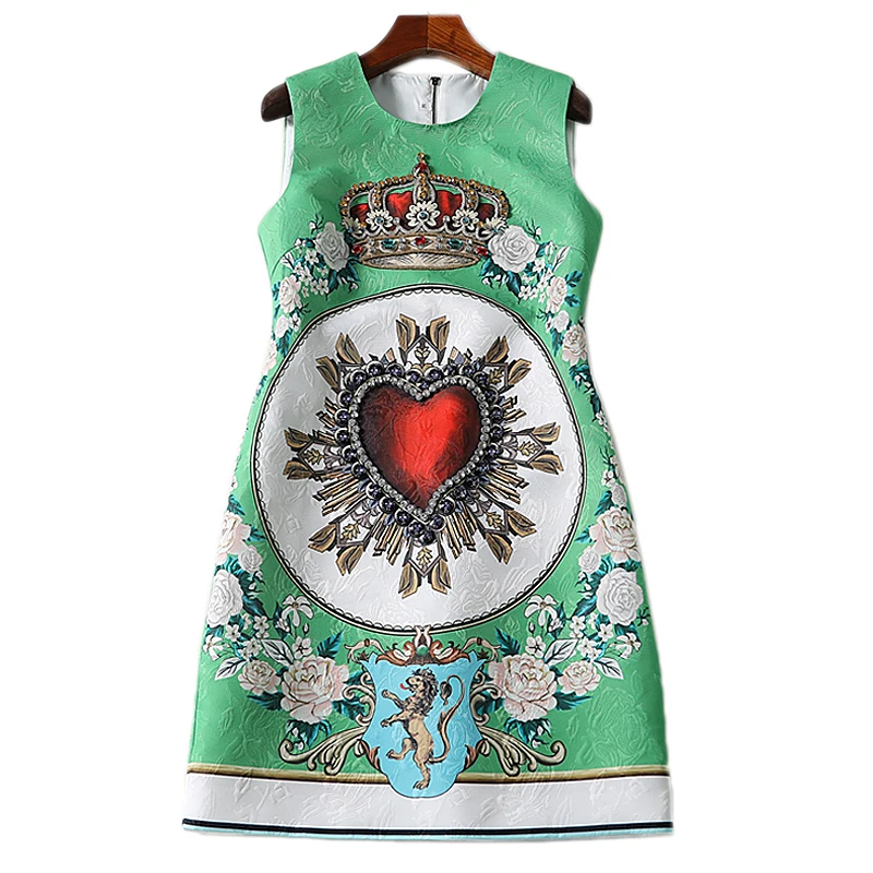 XF 2018 High Quality Spring Fashion Designer Runway Summer Dress Bohemian Vest Heart-Shaped Crown Jacquard Print | Женская одежда