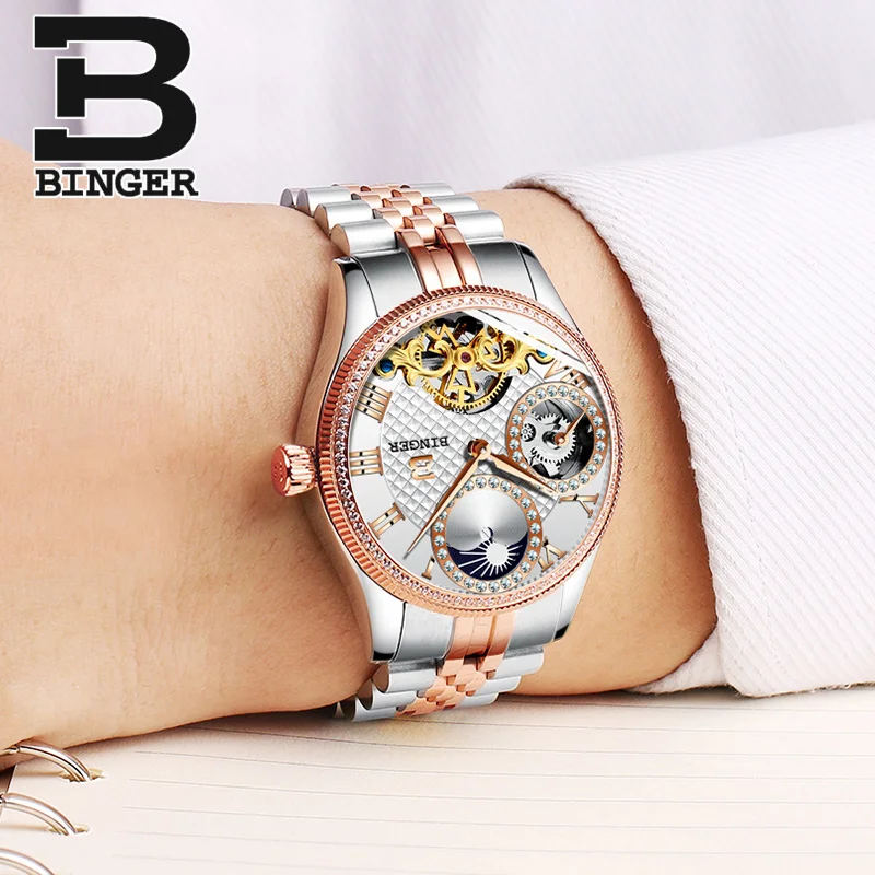 Luxury Rose Gold Men Tourbillon Watches Self Winding Mechanical Full Steel Watch Businessmen Crystal Wrist watch Moon Phase 3Bar | Наручные