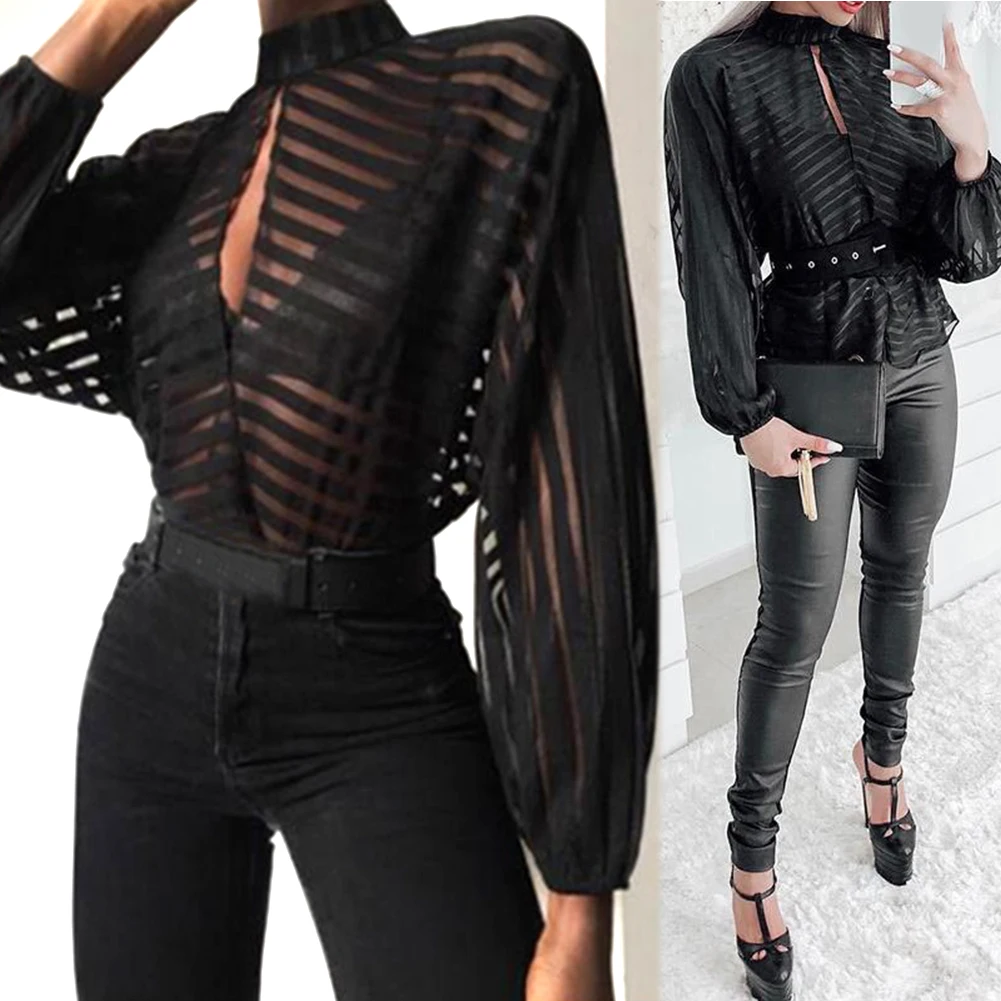 

Striped Keyhole Front Mesh Blouse Women Sexy Hollow Out Fashion Woman Blouses 2019 Summer New Black Turtleneck Womens Shirt