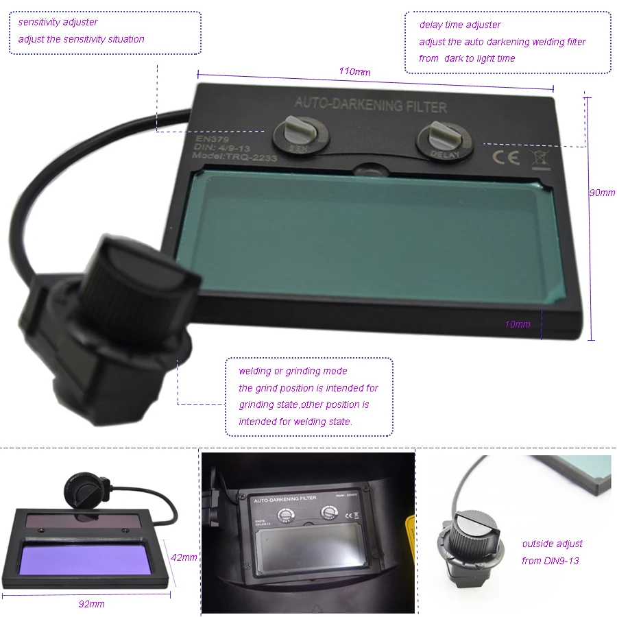 

2sets welding lens Filter Auto Darkening solar and li battery supply with Grinding Function for Welding Helmet mask TRQ-2233DE