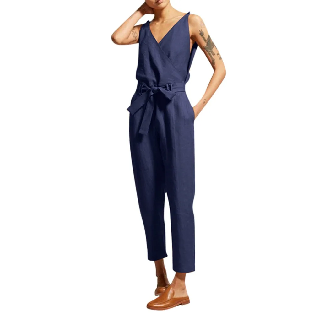 Женский Повседневный однотонный комбинезон с V образным вырезом и поясом|Женские