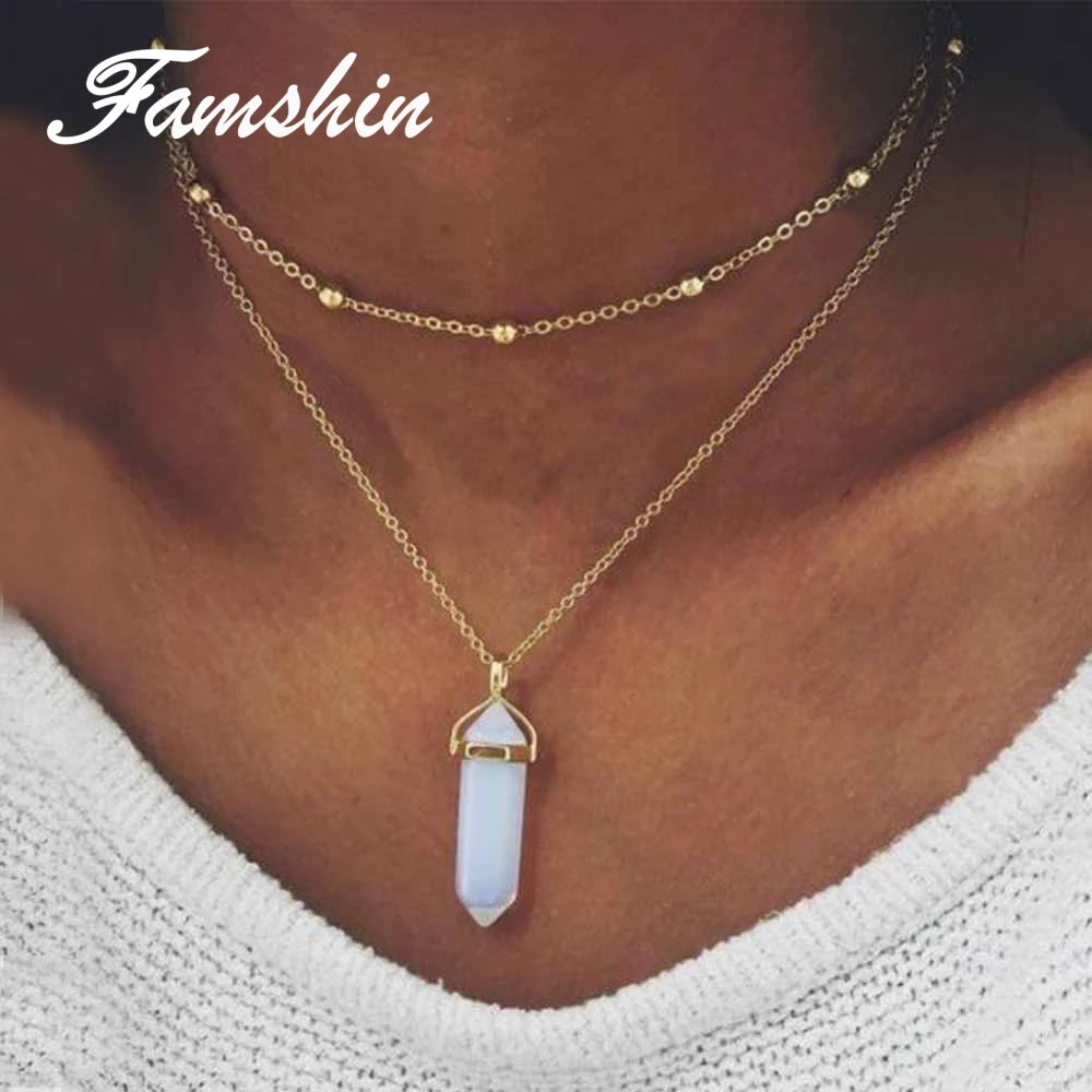 Модное многослойное ожерелье FAMSHIN золотого цвета с подвеской из натурального