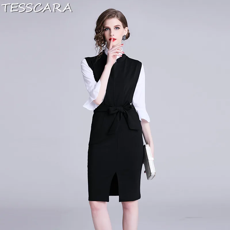 Black TESSCARA, женское элегантное офисное платье-карандаш, костюм, праздничный, женский, высокое качество, Винтажный дизайн, Vestidos, женские вечерние платья, Robe Femme - Цвет: Black