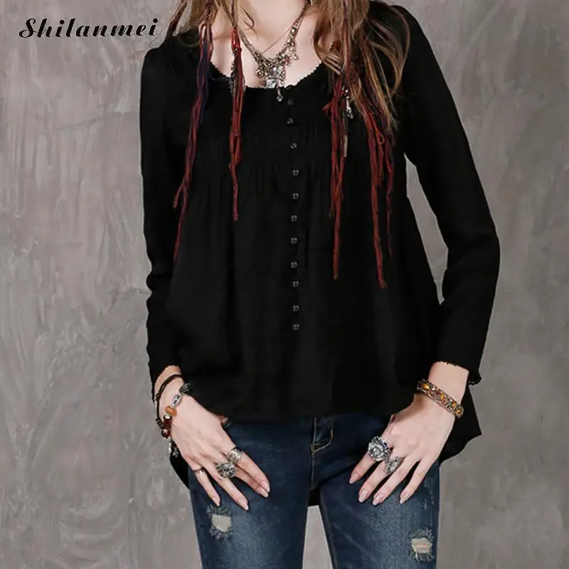 Women Fashion Blouse O Neck Ladies Elegant Tops Clothing Shirts Black Asymmetric Long Sleeve Female Clothes Blouses Shirt |