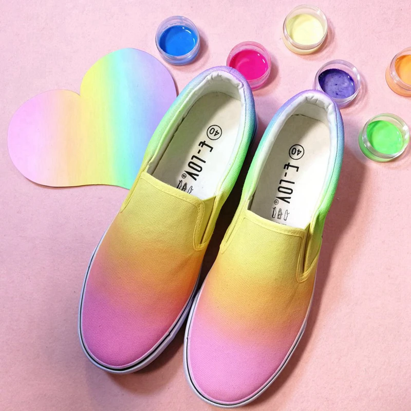 E-LOV Luxury Design Rainbow Color Casual Flat Canvas Shoes Hand Painted Colorful Loafers Low Top Slip-on Calzado Mujer | Обувь