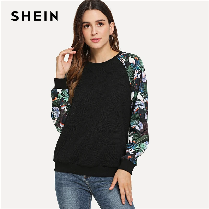 SHEIN Свитшот С Тропическим Принтом Женская Осенняя Повседневная Черная Толстовка